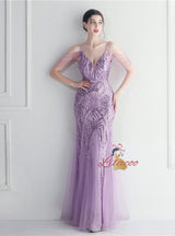 Mermaid Sequins Tulle Spaghetti Straps Beading Prom Dress