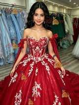 Red Tulle Off the Shoulder Appliques Quinceanera Dress