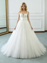 Beige White Tulle Long Sleeve Beading Wedding Dress