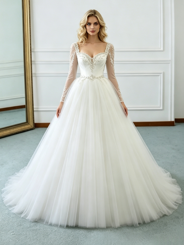Beige White Tulle Long Sleeve Beading Wedding Dress
