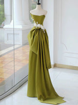 Green Satin Strapless Appliques Pleats Prom Dress