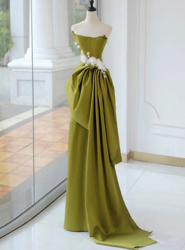 Green Satin Strapless Appliques Pleats Prom Dress
