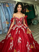 Red Tulle Off the Shoulder Appliques Quinceanera Dress