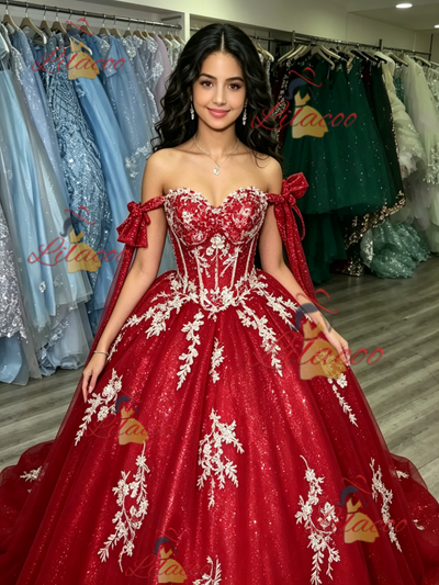 Red Tulle Off the Shoulder Appliques Quinceanera Dress