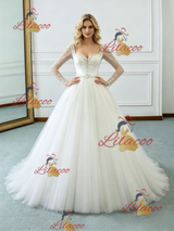 Beige White Tulle Long Sleeve Beading Wedding Dress