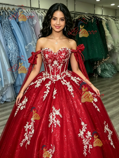 Red Tulle Off the Shoulder Appliques Quinceanera Dress