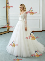 Beige White Tulle Long Sleeve Beading Wedding Dress