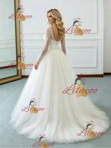Beige White Tulle Long Sleeve Beading Wedding Dress