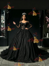 Black Tulle Long Sleeve Appliques Quinceanera Dress