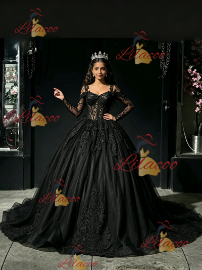 Black Tulle Long Sleeve Appliques Quinceanera Dress