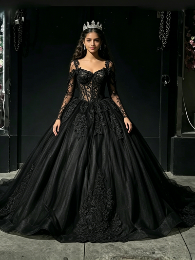 Black Tulle Long Sleeve Appliques Quinceanera Dress