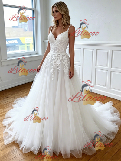 White Tulle Lace Appliques Strapes Wedding Dress