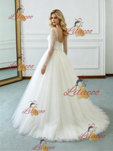 Beige White Tulle Long Sleeve Beading Wedding Dress