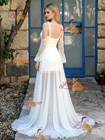 White Chiffon Straps Wedding Dress