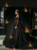 Black Tulle Long Sleeve Appliques Quinceanera Dress