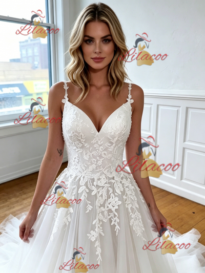 White Tulle Lace Appliques Strapes Wedding Dress
