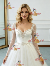 Beige White Tulle Long Sleeve Beading Wedding Dress