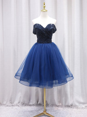 Navy Blue Tulle Beading Homecoming Dress
