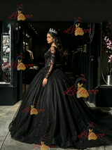 Black Tulle Long Sleeve Appliques Quinceanera Dress