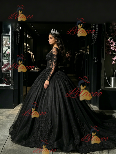 Black Tulle Long Sleeve Appliques Quinceanera Dress