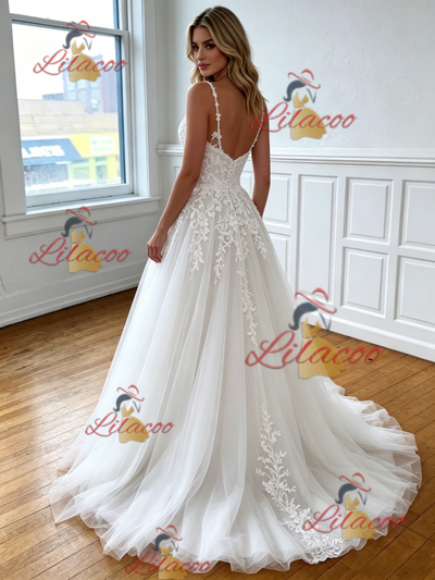 White Tulle Lace Appliques Strapes Wedding Dress