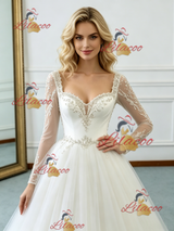 Beige White Tulle Long Sleeve Beading Wedding Dress