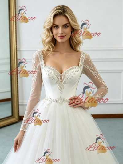 Beige White Tulle Long Sleeve Beading Wedding Dress