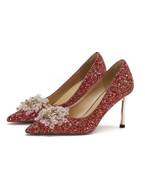 Pointed Stilettos Heels Sequined Beads Shoes