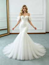 White Mermaid Tulle Off the Shoulder Wedding Dress