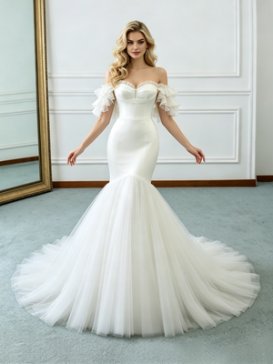 White Mermaid Tulle Off the Shoulder Wedding Dress