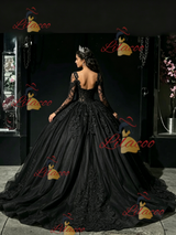 Black Tulle Long Sleeve Appliques Quinceanera Dress
