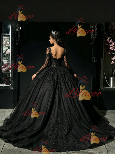 Black Tulle Long Sleeve Appliques Quinceanera Dress