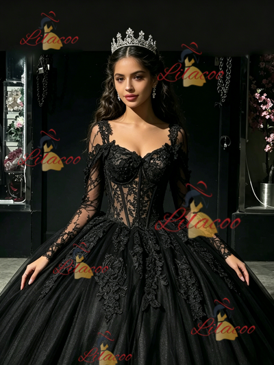 Black Tulle Long Sleeve Appliques Quinceanera Dress