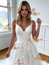 White Tulle Lace Appliques Strapes Wedding Dress