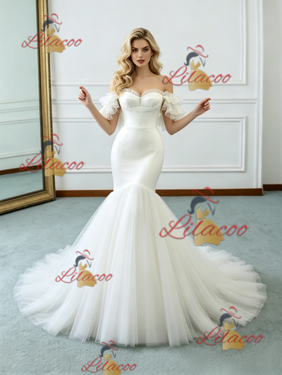 White Mermaid Tulle Off the Shoulder Wedding Dress