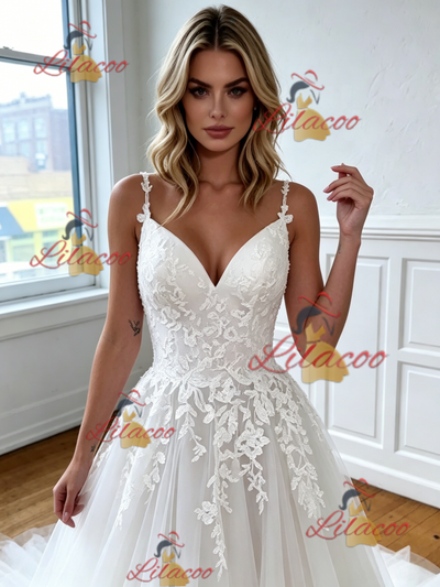 White Tulle Lace Appliques Strapes Wedding Dress
