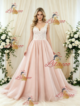 Pink Tulle V-neck Appliques Wedding Dress