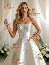 Beige White Satin Strapless Beading Wedding Dress