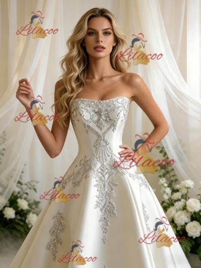 Beige White Satin Strapless Beading Wedding Dress