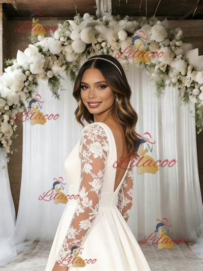 White Satin Long Sleeve V-neck Wedding Dress