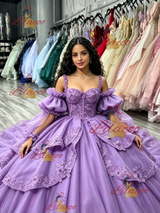Purple Tulle Straps Long Sleeve Quinceanera Dress