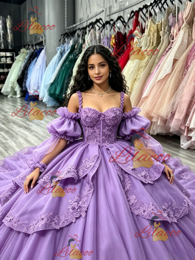 Purple Tulle Straps Long Sleeve Quinceanera Dress