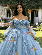 Blue Tulle Long Sleeve Appliques Quinceanera Dress