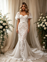 White Mermaid Lace Puff Sleeve Wedding Dress