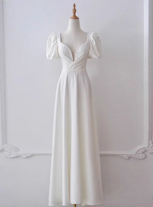 White Satin Puff Sleeve Pearls Wedding Dress