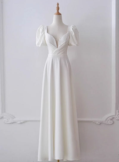 White Satin Puff Sleeve Pearls Wedding Dress