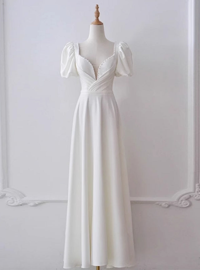 White Satin Puff Sleeve Pearls Wedding Dress