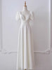 White Satin Puff Sleeve Pearls Wedding Dress