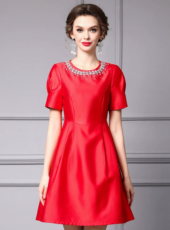 Red Satin Beading Crystal Mother of the Bride Dress