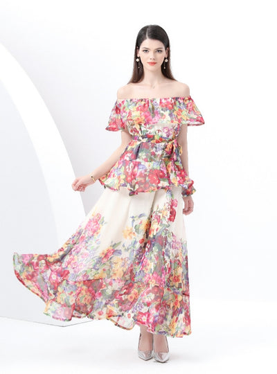 Chiffon Printed Ruffled Slim Dress